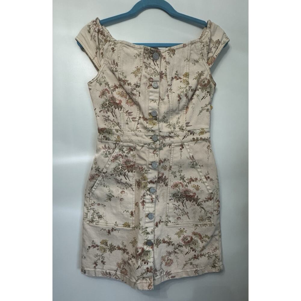 La Vie Rebecca Taylor Floral Denim Short dress Sz S Boho Spring Off Shoulder